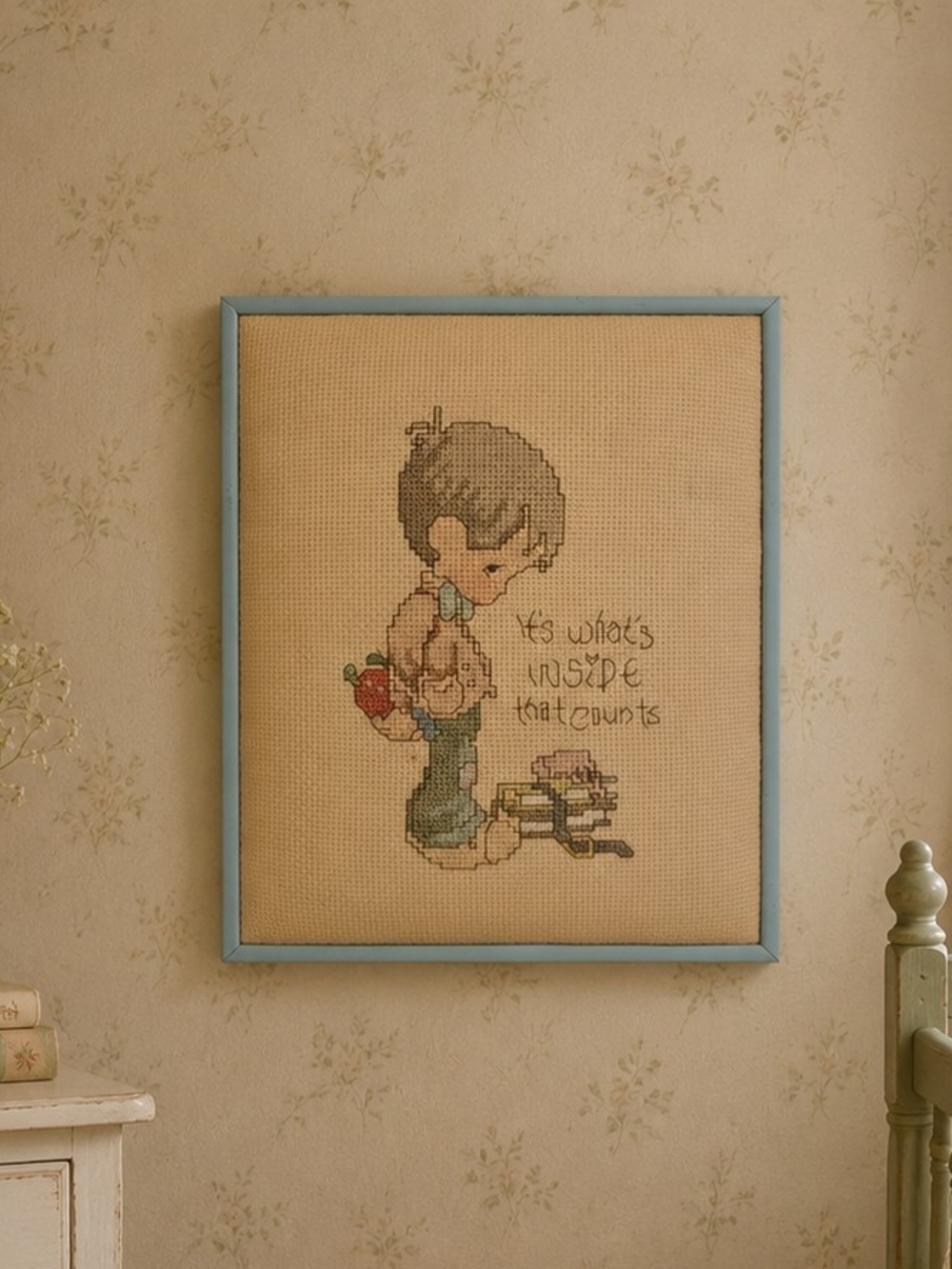 Vintage Precious Moments Cross Stitch Framed Its Whats Inside That Counts 9x11